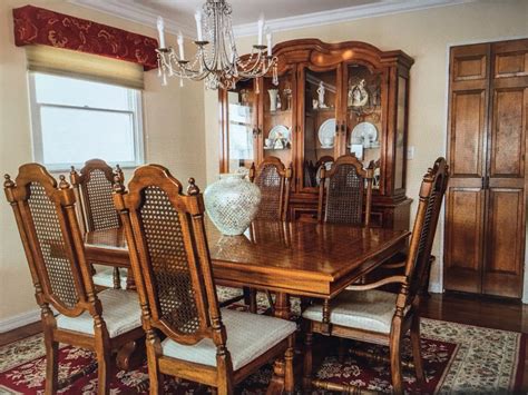 Thomasville Dining Room Set featuring 8 high back chairs with matching marble table. . Thomasville dining room set 1970